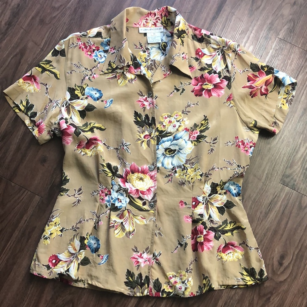 Vintage Evan Picone 100% Silk Floral Blouse Collared Button Front Top Size 10